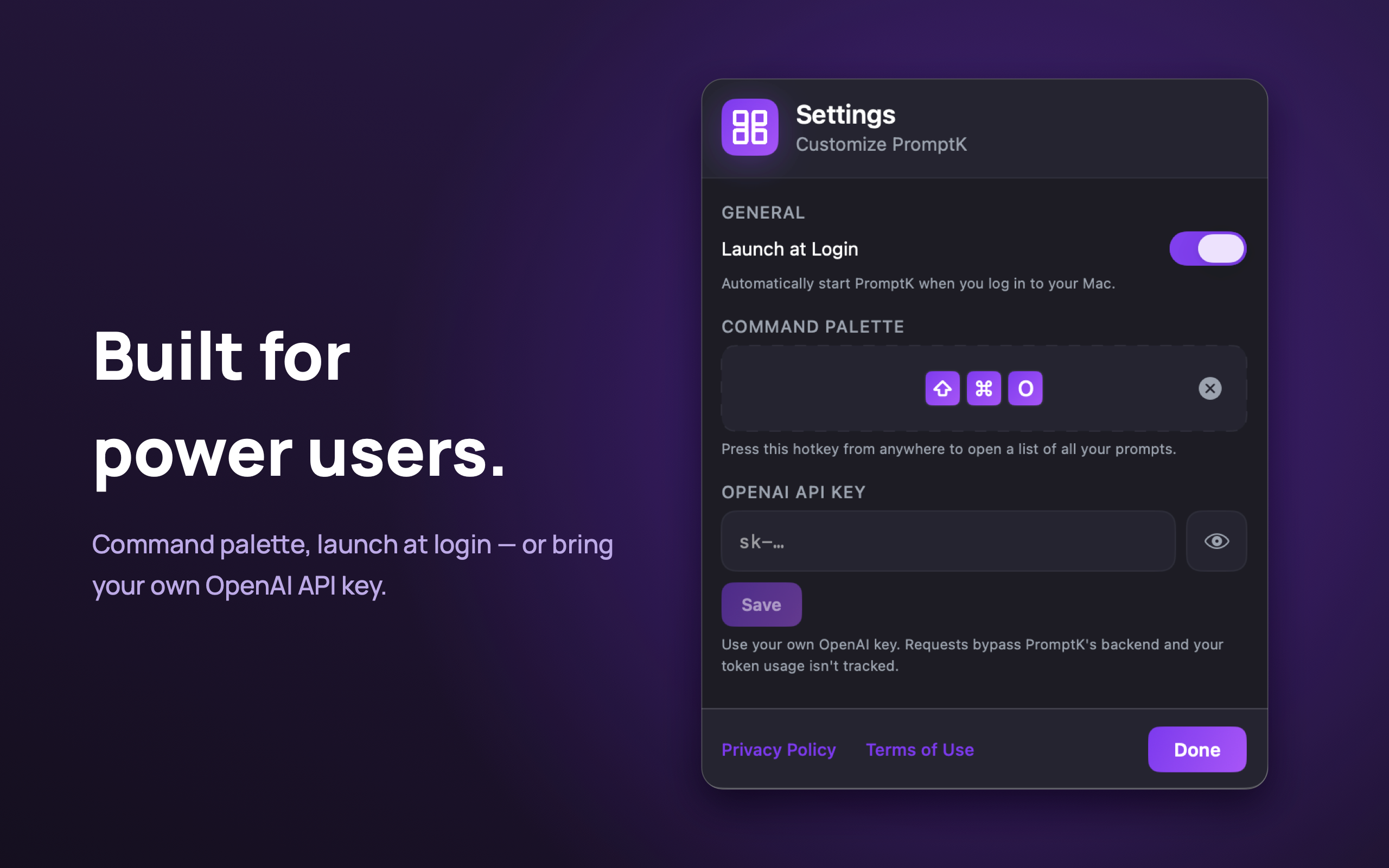 Settings — command palette and your own OpenAI API key